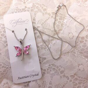 NEW Girl's Austrian Pink Crystal Butterfly Charm Pendant Silver Tone Necklace